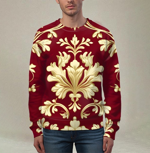 Фотография футболки Золотой дамасский узор на темном бордовом фоне Golden damask pattern