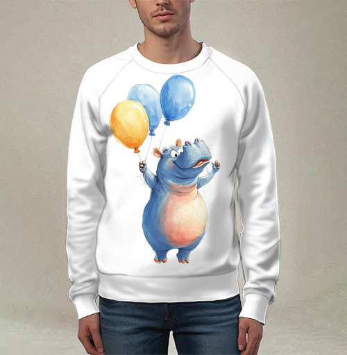 Фотография футболки Watercolor Blue Hippo with Balloons / Акварельный бегемот с шариками