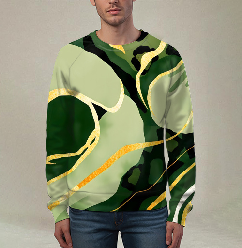 Фотография футболки Золотые изгибы на зеленом анималистичном фоне / Golden curves on green animal background