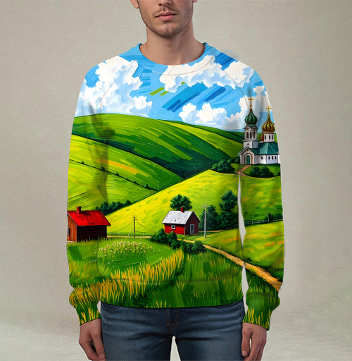 Фотография футболки Village Summer Landscape - Летний сельский пейзаж с золотыми куполами церкви