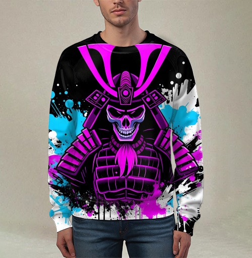Фотография футболки Neon Cyber Samurai Warrior / Самурай Череп в ярких брызгах краски
