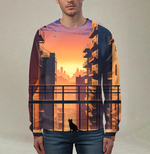 Фотография футболки Silhouette Cat Watching City Sunset Силуэт кота смотрящего на закат города