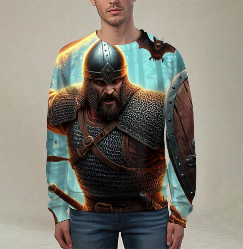 Фотография футболки Viking / Викинг - Яростный викинг с пылающим мечом и щитом воин северная битва