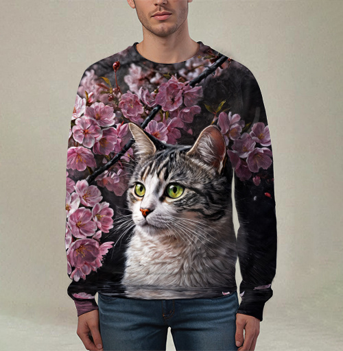 Фотография футболки Cat in sakura – Полосатый кот среди розовых лепестков Кот сакура вишня