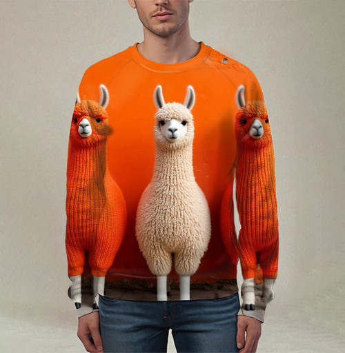 Фотография футболки Llamas in orange sweaters / Ламы в ярких свитерах у оранжевой стены