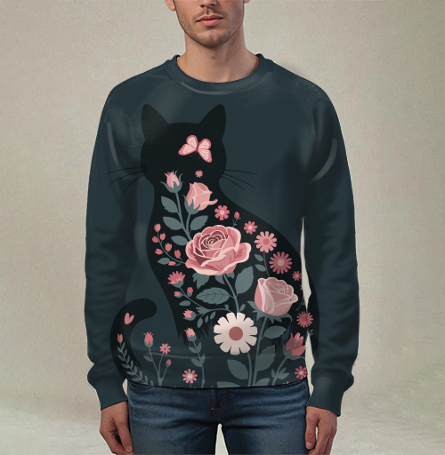 Фотография футболки Изящный грациозный силуэт черного кота в розах Floral cat rose