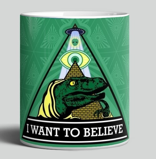 Фотография футболки Велоцираптор Иллюминат с Надписью I WANT TO BELIEVE