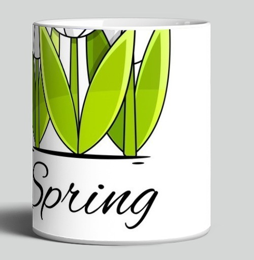Фотография футболки Белые тюльпаны и зелёные листья весна надпись Spring