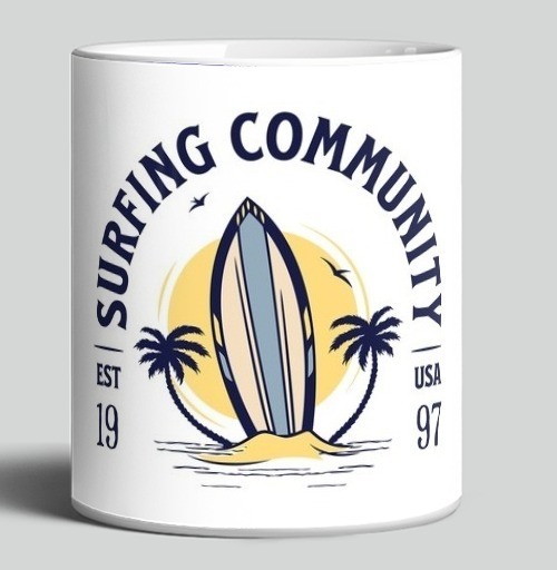 Фотография футболки Ретро логотип Surfing Community с пальмами и солнцем