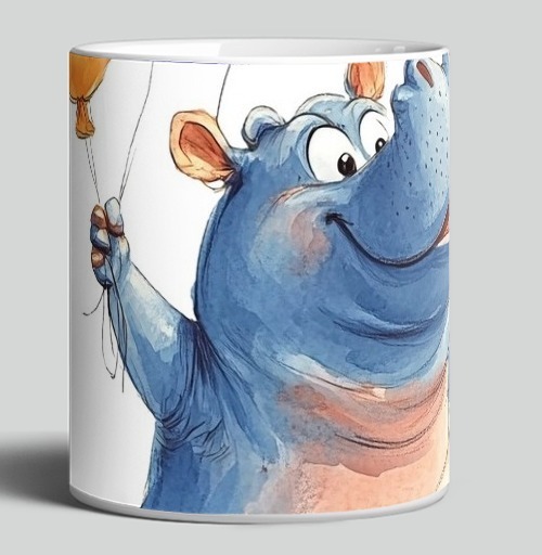 Фотография футболки Watercolor Blue Hippo with Balloons / Акварельный бегемот с шариками