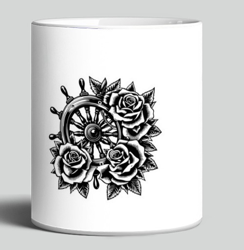 Фотография футболки Штурвал корабля с пышными розами в стиле тату Roses Tattoo Style