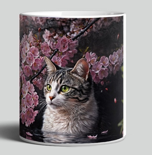 Фотография футболки Cat in sakura – Полосатый кот среди розовых лепестков Кот сакура вишня