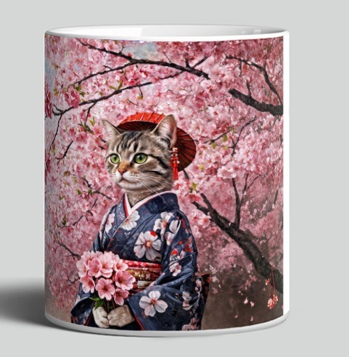 Фотография футболки Кот в кимоно с цветами сакуры