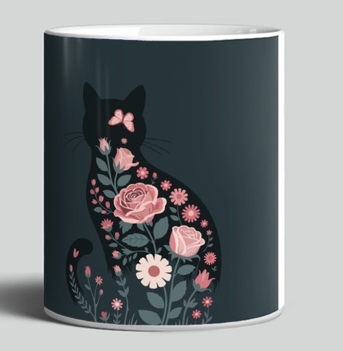 Фотография футболки Изящный грациозный силуэт черного кота в розах Floral cat rose