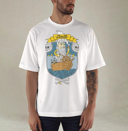 Фотография футболки Cartoon Pirate Captain / Старый морской волк в маленькой деревянной лодке