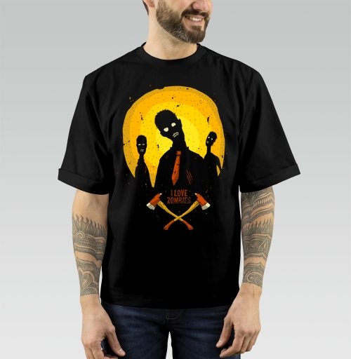 Фотография футболки Зомби в галстуке на фоне луны с топорами I LOVE ZOMBIES