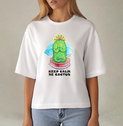 Фотография футболки Спокойный медитирующий кактус с позитивной надписью be cactus