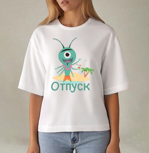 Фотография футболки Весёлый зелёный циклоп отдыхает на острове под пальмой в отпуск