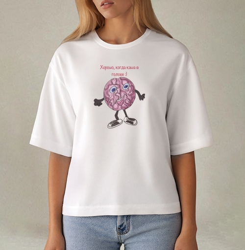 Фотография футболки Весёлый мультяшный мозг с кроссовками и улыбкой каша в голове