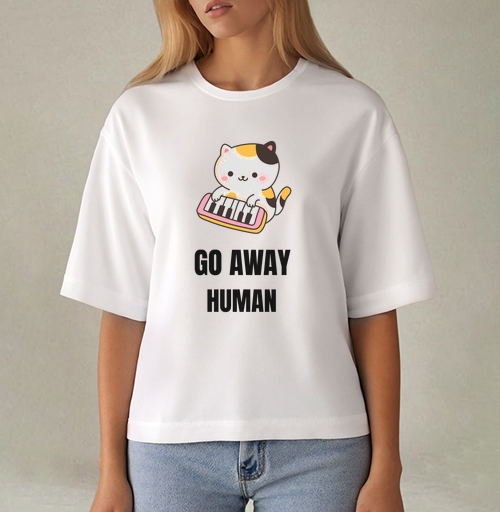Фотография футболки Мультяшный котёнок с синтезатором и надписью GO AWAY