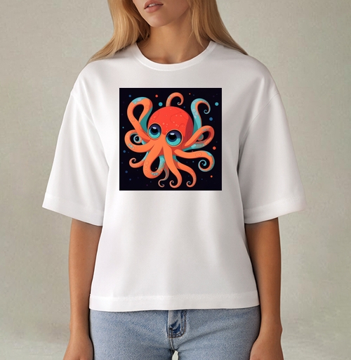 Фотография футболки Весёлый коралловый осьминог с бирюзовыми щупальцами на синем