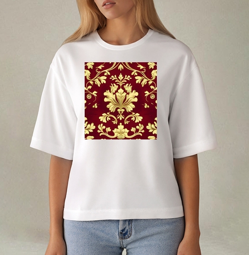 Фотография футболки Золотой дамасский узор на темном бордовом фоне Golden damask pattern