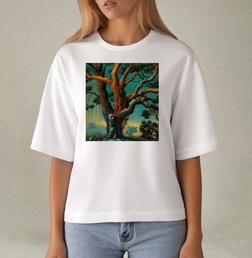 Фотография футболки Golden tree in turquoise forest / Золотое дерево в бирюзовом лесу