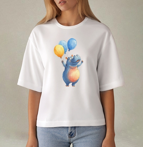 Фотография футболки Watercolor Blue Hippo with Balloons / Акварельный бегемот с шариками