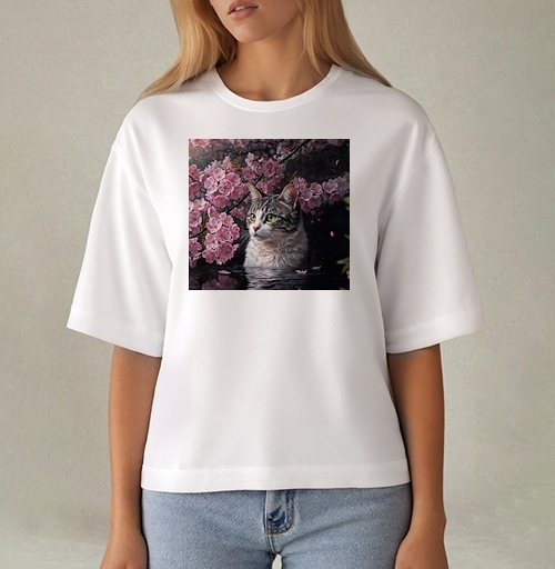 Фотография футболки Cat in sakura – Полосатый кот среди розовых лепестков Кот сакура вишня