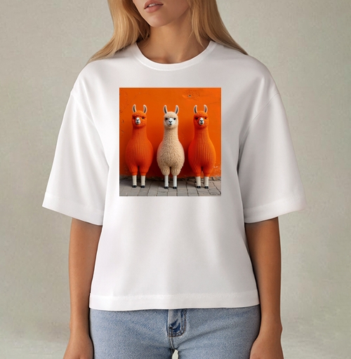 Фотография футболки Llamas in orange sweaters / Ламы в ярких свитерах у оранжевой стены