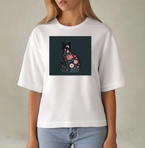 Фотография футболки Изящный грациозный силуэт черного кота в розах Floral cat rose