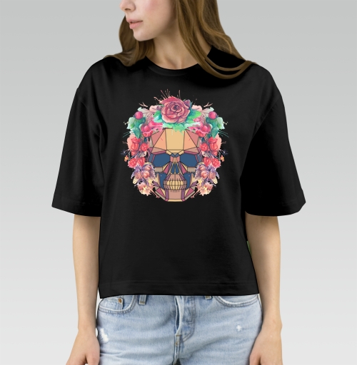 Фотография футболки Polygonal human skull and watercolor wreath.Los muertos.