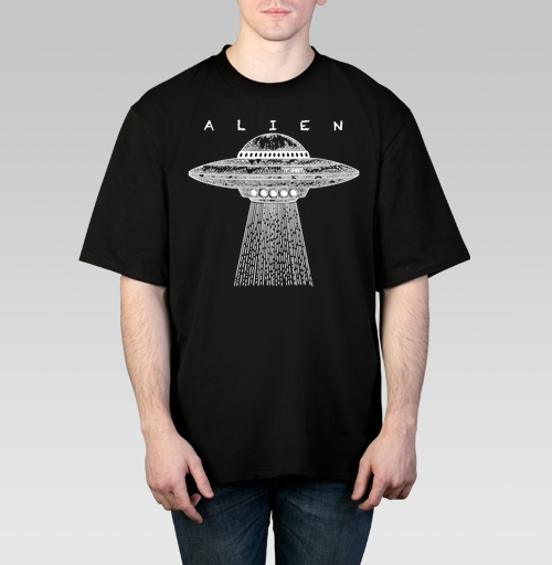 Фотография футболки Винтажный НЛО с лучом света и надписью ALIEN