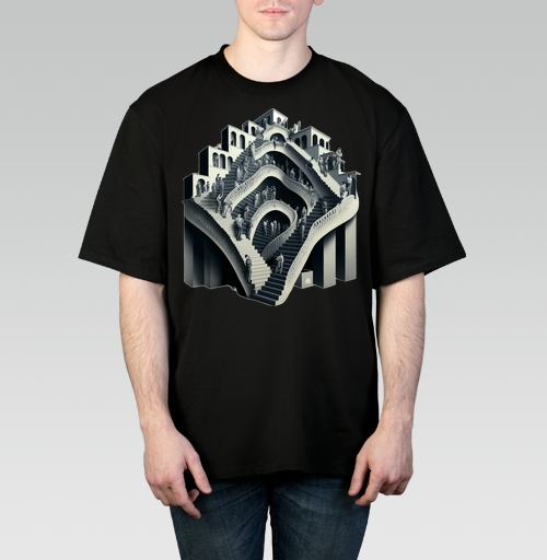 Фотография футболки Трэш Тор МАК Эшер оптическая иллюзия много лестниц люди идут кто куда