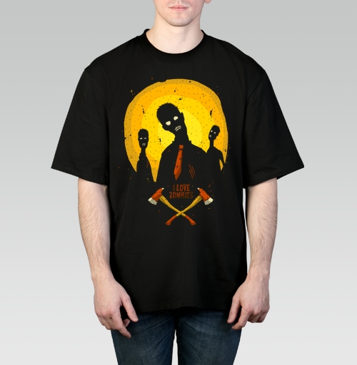 Фотография футболки Зомби в галстуке на фоне луны с топорами I LOVE ZOMBIES