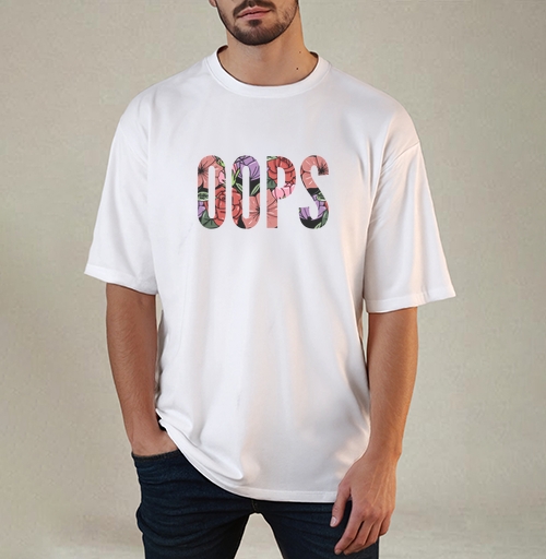 Фотография футболки Цветочная Надпись Ошибка OOPS на Сером фоне