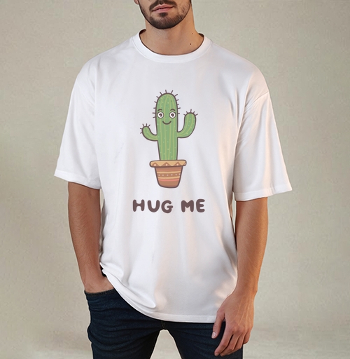 Фотография футболки Зелёный улыбающийся кактус просит обниматься Hug Me