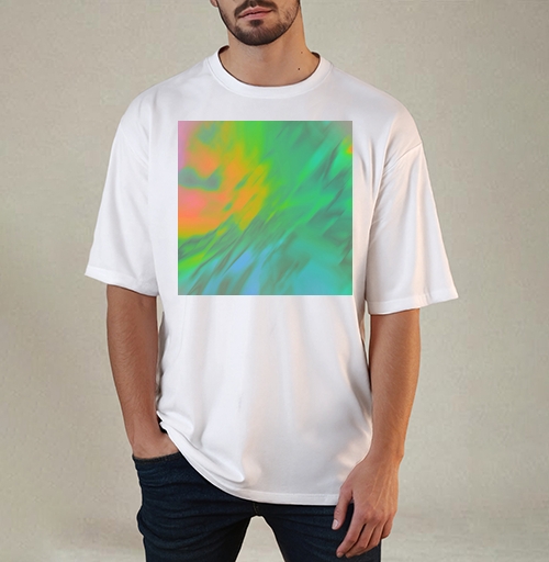 Фотография футболки Динамичные переходы зелёного и желтого с оттенками синего и оранжевого в движении цвета