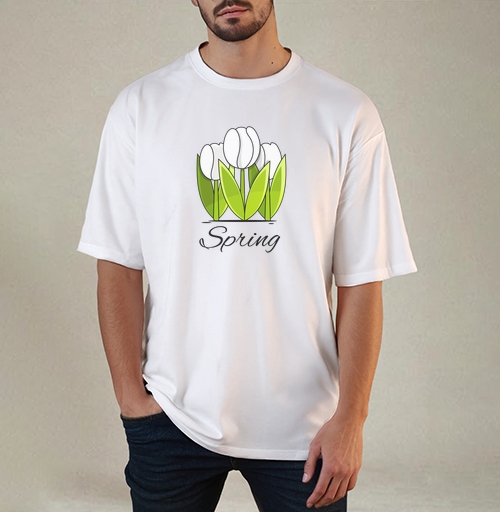 Фотография футболки Белые тюльпаны и зелёные листья весна надпись Spring