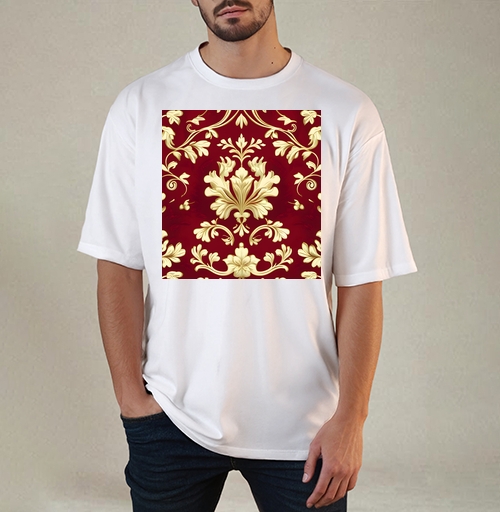 Фотография футболки Золотой дамасский узор на темном бордовом фоне Golden damask pattern