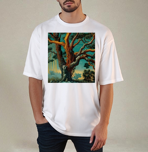 Фотография футболки Golden tree in turquoise forest / Золотое дерево в бирюзовом лесу