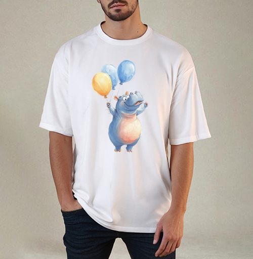 Фотография футболки Watercolor Blue Hippo with Balloons / Акварельный бегемот с шариками