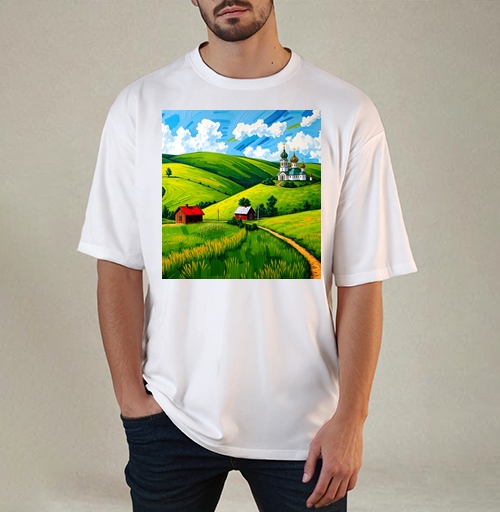 Фотография футболки Village Summer Landscape - Летний сельский пейзаж с золотыми куполами церкви