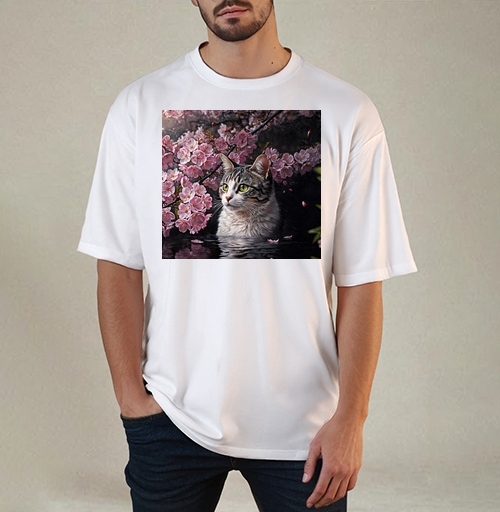Фотография футболки Cat in sakura – Полосатый кот среди розовых лепестков Кот сакура вишня