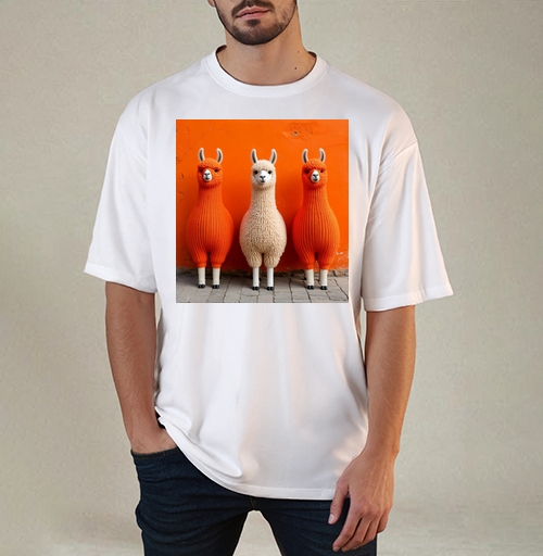 Фотография футболки Llamas in orange sweaters / Ламы в ярких свитерах у оранжевой стены