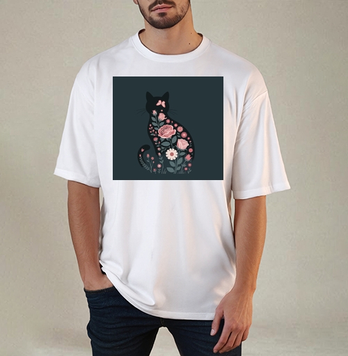 Фотография футболки Изящный грациозный силуэт черного кота в розах Floral cat rose