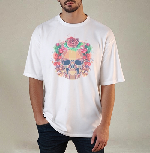 Фотография футболки Polygonal human skull and watercolor wreath.Los muertos.