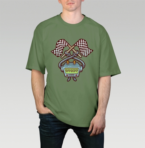 Фотография футболки Старт гонки с шашечными флагами и ретро техникой для спорта