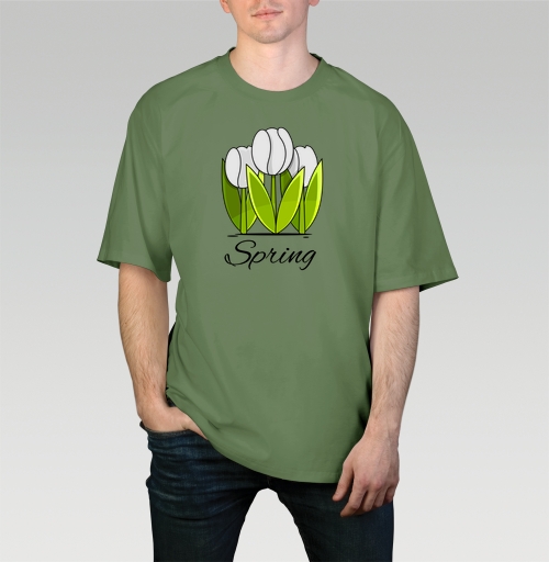 Фотография футболки Белые тюльпаны и зелёные листья весна надпись Spring