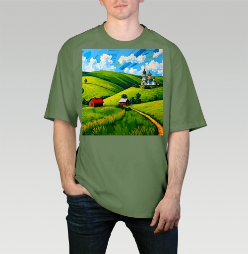 Фотография футболки Village Summer Landscape - Летний сельский пейзаж с золотыми куполами церкви